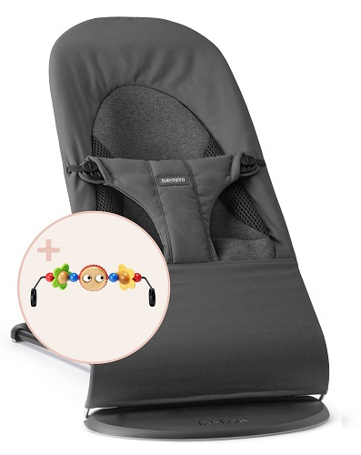 BABYBJORN - leżaczek BALANCE SOFT WOVEN/JERSEY Tri Fabric, Ciemny Szary + zabawka do leżaczka - Googly Eyes