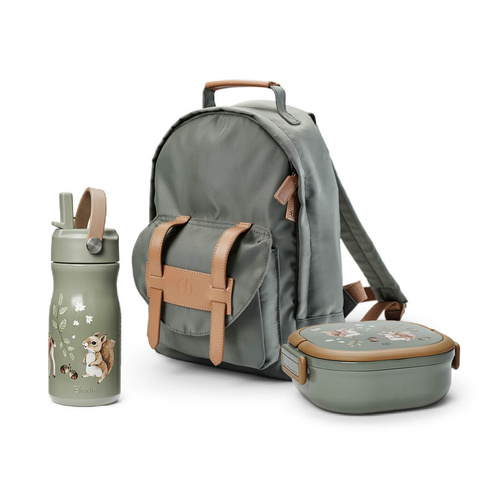 Elodie Details - plecak MIDI, Hazy Jade + duży lunchbox + butelka termiczna, Chipmunk Darling - ZESTAW