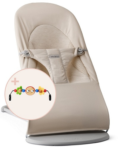 BABYBJORN - leżaczek BLISS WOVEN/JERSEY Tri Fabric, Jasny Beż + Zabawka