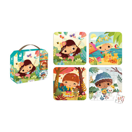 Janod - Puzzle progresywne w walizce Pory roku 4 układanki – 6, 9, 12 i 16 elementów 2+